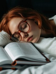 A student falling asleep over textbooks vividly represents fatigue, sleepiness, and academic burnout syndrome. 