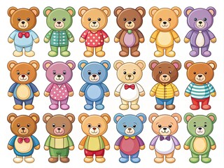 Adorable collection of colorful teddy bear icons in various poses, expressions, and outfits, perfect for use in designs, illustrations, and digital projects.