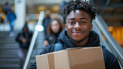 Student carrying a package in a busy environment