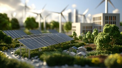 Fototapeta premium Miniature city model with solar panels and wind turbines.