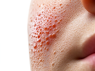 Fototapeta premium photo of a close-up of human skin with a red rash and inflamed pores 