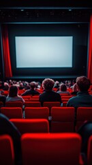 Obraz premium People in the cinema auditorium with Cinema blank wide screen and red chairs in the cinema hall,People silhouettes watching movie performance,empty white screen,space for text,copy space.