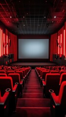 Fototapeta premium People in the cinema auditorium with Cinema blank wide screen and red chairs in the cinema hall,People silhouettes watching movie performance,empty white screen,space for text,copy space.