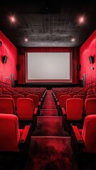 Fototapeta premium People in the cinema auditorium with Cinema blank wide screen and red chairs in the cinema hall,People silhouettes watching movie performance,empty white screen,space for text,copy space.