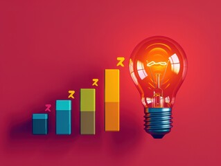 A vibrant light bulb illuminating growth charts representing innovation and business success on a bold red background.