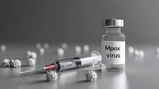 Monkey pox vaccine, monkey pox virus vaccine and injection, Close-up of Monkeypox (MPOX) Vaccine and syringe.