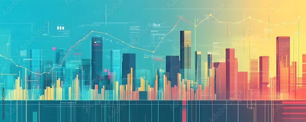 Poster abstract cityscape with data visualizations and trend lines