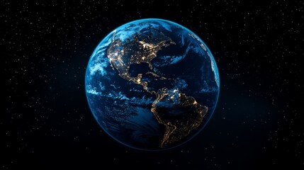 Earth at night with stars, showing the Americas with city lights.