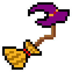 Obraz premium Magic broom witch hat in pixel art style