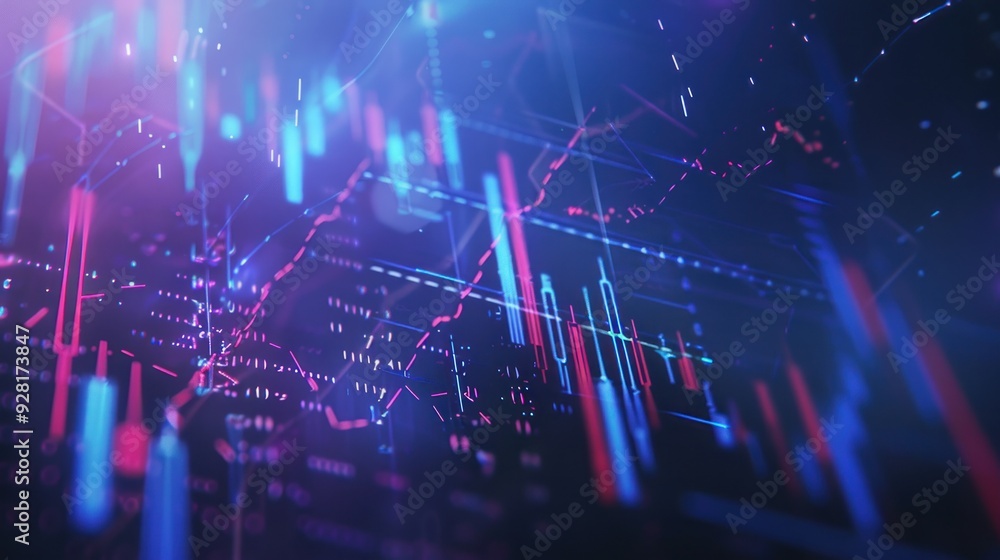 Poster abstract data visualization with neon lines and bars