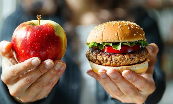 Close-up of a person's hands holding a red apple and a hamburger, symbolizing a choice between healthy and unhealthy food.