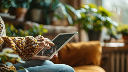 Senior using tablet in a cozy setting with plants