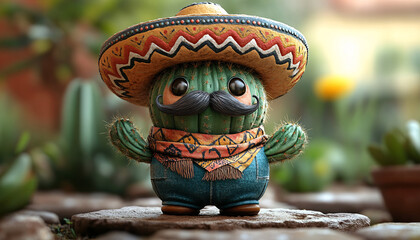 A Mexican cactus character wearing a traditional sombrero and mustache, perfect for cultural events, fiestas, and festive celebrations.