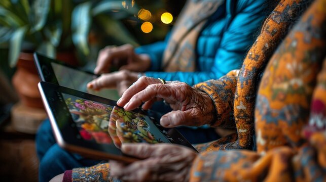 Seniors using tablets in a cozy setting with plants