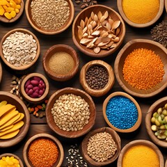 Organic grains, assorted in wooden bowls, 3D illustration