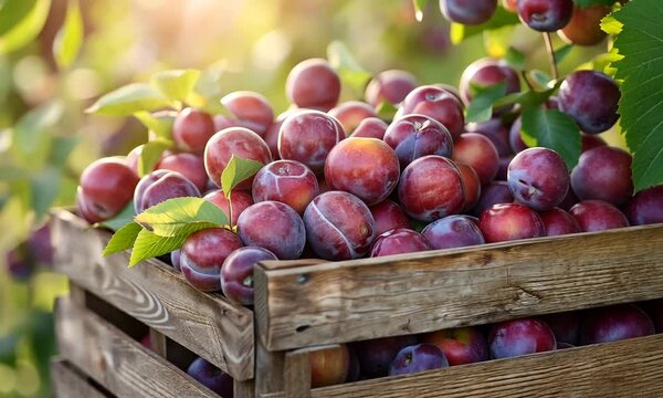 Close-up of ripe red plums in a wooden crate in an orchard.