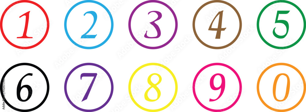 Poster set of coloring 0 to 9 number on outline circle vector illustration.