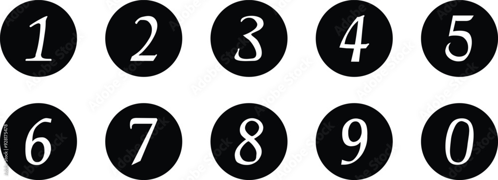 Poster set of white 0 to 9 number on black circle vector illustration.