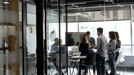 A group of people are gathered around a table in a conference room