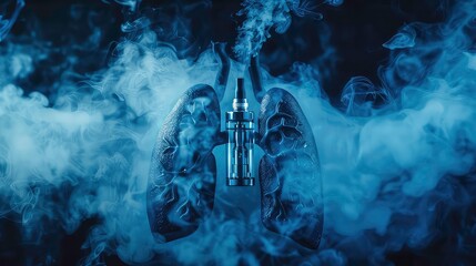A close-up of a vape pen in front of a pair of lungs surrounded by smoke. The image symbolizes the potential health risks associated with vaping.