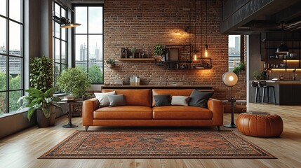 Fototapeta premium Stylish modern loft with large windows and leather furniture
