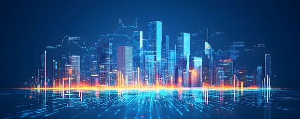 Fototapeta premium A futuristic cityscape illuminated by neon lights and data streams