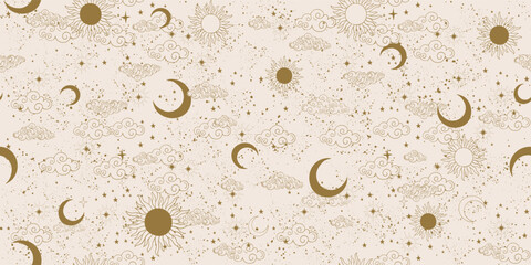 Seamless golden celestial pattern with sun, moon and stars, mystical astrological background, vector horoscope ornament on beige background. Zodiac banner, ornament for fabric, wrapping paper.