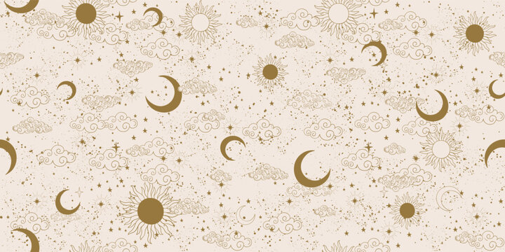 Seamless golden celestial pattern with sun, moon and stars, mystical astrological background, vector horoscope ornament on beige background. Zodiac banner, ornament for fabric, wrapping paper.