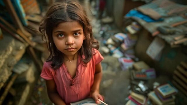 Young girl from slum with school books