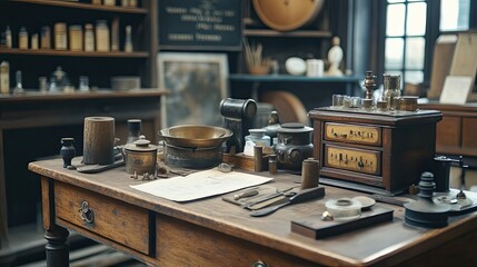 Vintage Wooden Desk with Antique Tools and Supplies