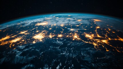 Fototapeta premium Earth at night with city lights and stars visible from space.