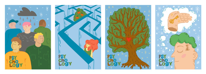 Psychology posters. Mental health. Mind labyrinth. Brain key. Emotion expression. Anxiety mindset. Future thinking man. Lost woman in maze. Psychological trauma. Vector art concepts set