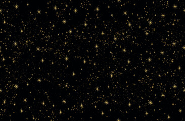 Seamless celestial pattern with gold stars on a black background, mystical ornament, magic banner of astrology, zodiac, horoscope. Vector illustration.