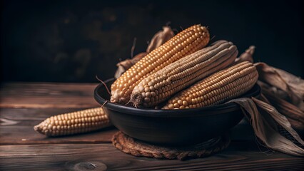  a rustic setting with several ears of corn placed in a dark bowl on a wooden surface. The corn is still in its husks, which are partially peeled back to reveal the kernels