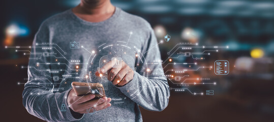 Businessman is showing concept of future technology and internet connection network with AI as...