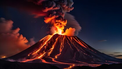 Erupting volcano with Strombolian type eruption. Volcano erupting with Strombolian eruption in the night