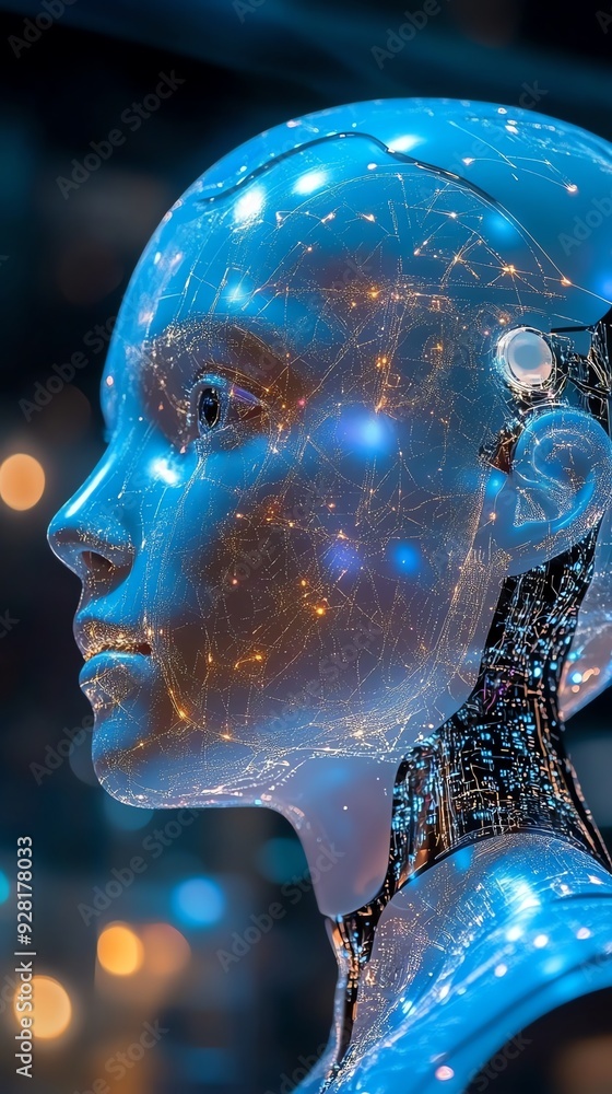 Poster Futuristic AI robot head with glowing circuit board.