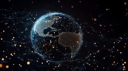 Obraz premium A glowing Earth with a network of lines and dots in a dark space, symbolizing interconnectedness and global communication.