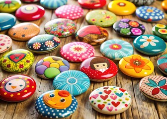 Colorful assortment of vintage-style pinback buttons with various fun designs, shapes, and sizes scattered on a rustic wooden table against a soft focus background.