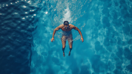 A swimmer diving into a clear blue pool on a sunny day