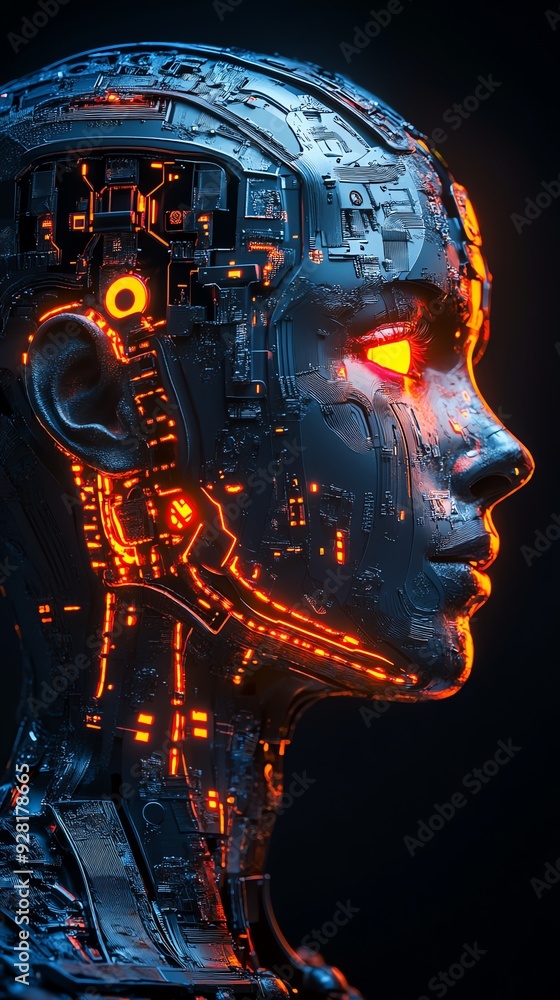 Poster futuristic ai robot with glowing red eyes.