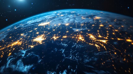 Obraz premium Earth at night with glowing city lights and a starry sky.