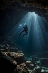Obraz premium Dramatic deep-sea shot of a diver exploring an underwater cave, illuminated by a beam of light piercing through the darkness, highlighting rock formations and aquatic life.