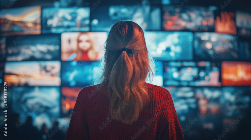 Poster woman watching multiple screens displaying various visual content in a dark room at a technology exh