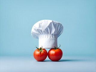 Chef hat with tomato concept on pastel blue background. minimal idea food and fruit concept. An idea creative to produce work within an advertising marketing communications or artwork design