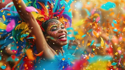 A beautiful young woman is dancing with her face decorated with beautiful feathers, enjoying the carnival celebration. Creative art illustration.