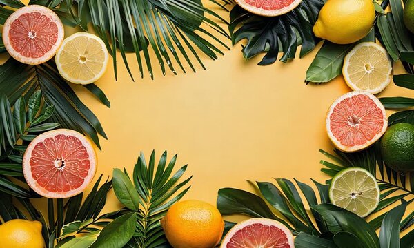 Fresh citrus fruits, including grapefruits, lemons, limes, and oranges, arranged around tropical palm leaves on a yellow background.