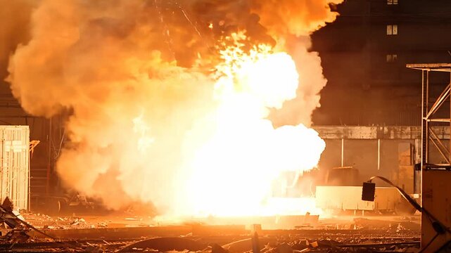 Massive explosion in industrial factory setting with intense flames and smoke. Concepts of industrial hazard, safety, and powerful energy.