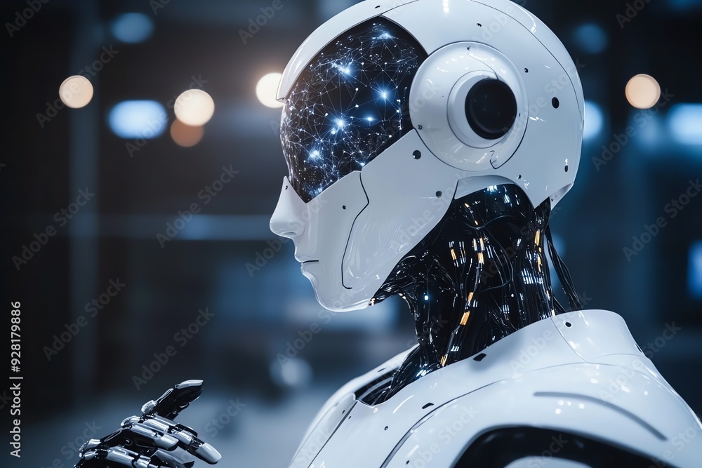 Poster Futuristic Android Robot with Glowing Brain.