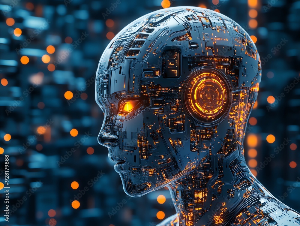 Aufkleber futuristic android head with glowing circuitry.